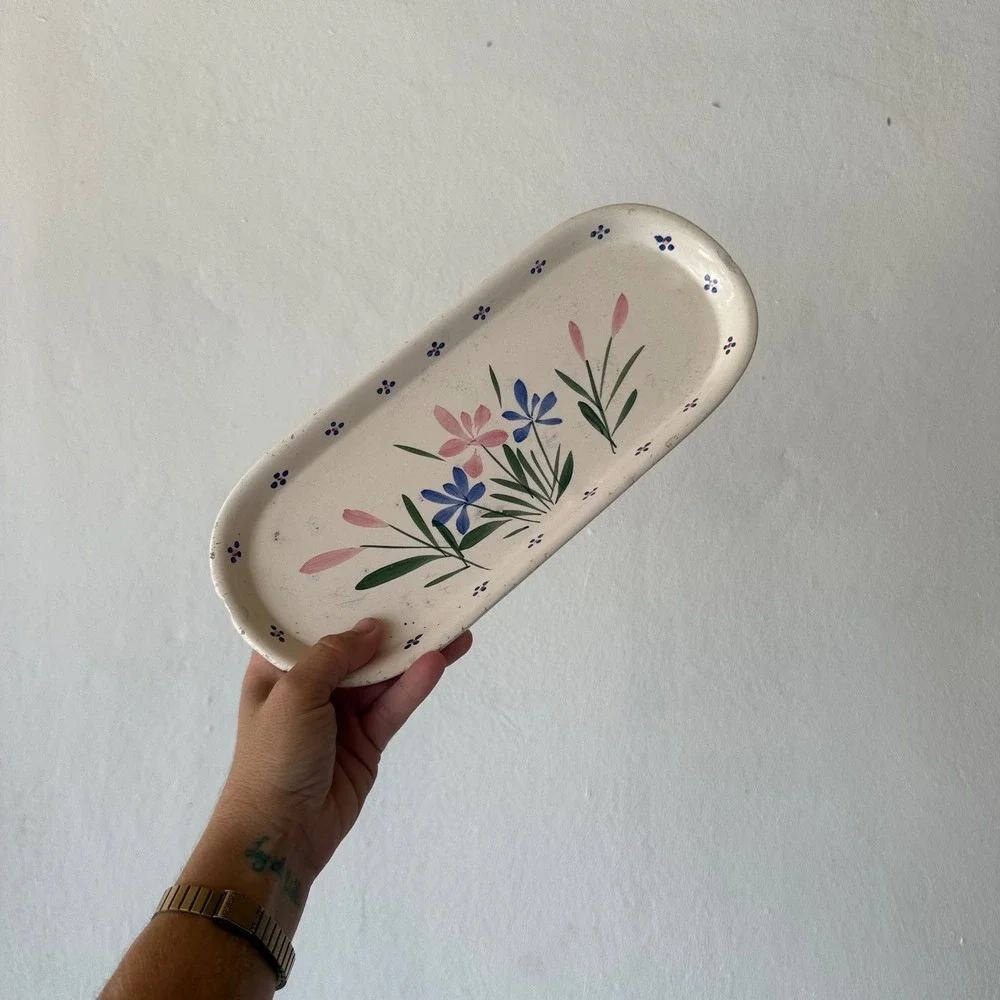 Vintage Hand Painted Floral Ceramic Tray Oval Folk Art Decorative Platter Cream